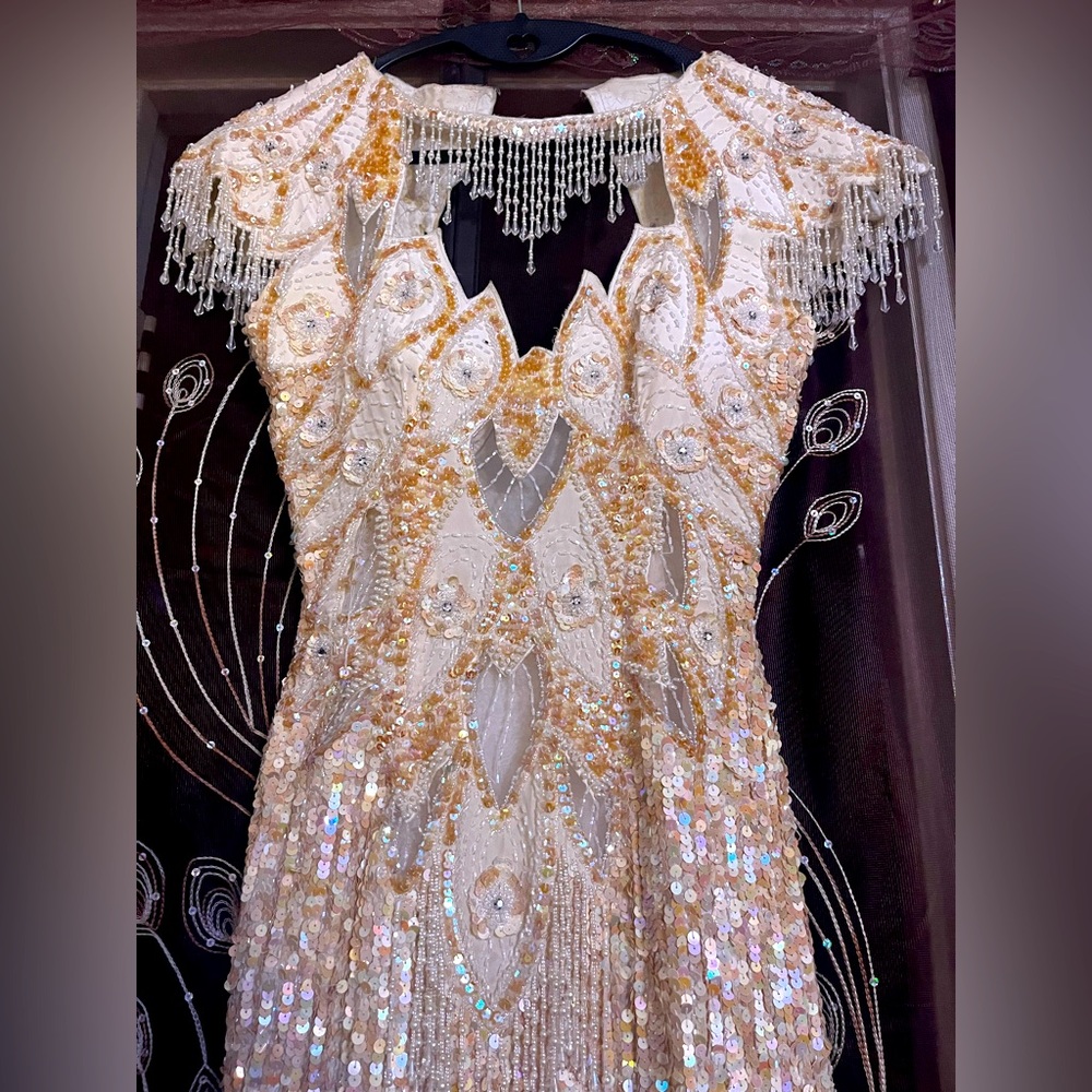 Vintage Silk Sho Max Beaded Sequin Flapper Dress, XS